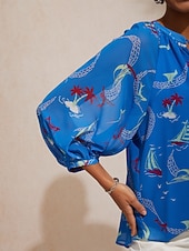 お買い得  ブラウス＆シャツ-バケーション オーシャン エレメント プリント ルーズ シフォン ショート トップス