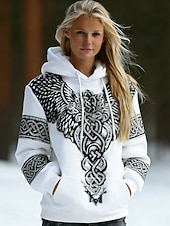 olcso Viking csúcsok-Női Pulóver Hoodie pulóver Nyomtatott Elülső zseb Grafika Mértani Szüret Alkalmi Boho Hosszú ujj Kapucni Normál felsők Utca Hétköznapi Medence Fehér Sárga Rubin Ősz Tél