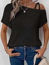 abordables Camiseta lisa-Mujer Camiseta Color sólido Vintage Elegante Manga Corta Cuello asimétrico Tops regulares Diario Noche Fin de semana Negro Blanco Rosa Caqui Verano Primavera