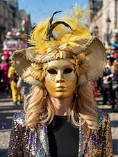 billiga Tillbehör-Kvinnors röd- och guldvenetiansk karneval Mardi Gras mask med fjädrar och blommiga detaljer – Perfekt för Mardi Gras och maskeradfester