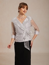  Dame Dressy topper Rynket Illusjon Helfarge Elegant 3/4 ermer V-hals Vanlige topper Bryllupsgjest Cocktail antrekk lysegrå Sommer Vår Høst