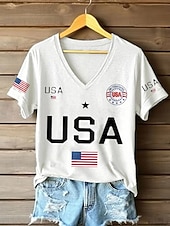  Independensdagen patriotisk dam T-shirt grafisk flagga vintage stiligt klassisk kortärmad V-ringad vanliga toppar dagligt tryck vit sommar vår höst