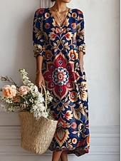Χαμηλού Κόστους Boho φορέματα-Γυναικείο midi φόρεμα Πάσχα Λινό όπως Αναπνεύσιμο Ελαφρύ Σαλοπέτα A Line Φόρεμα Διακοπές Casual Boho Διακοπές Κανονική εφαρμογή Λουλούδι Χρώμα Μπλοκ Μακρυμάνικο V Λαιμό Ναυτικό Κόκκινο Ανοιχτό Μωβ