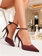 economico Invitato al matrimonio-scarpe con tacco alla caviglia in pelle scamosciata color carne da donna: eleganti décolleté a punta stiletto per matrimoni al chiuso, invitati a nozze e scarpe eleganti per feste formali
