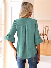 Χαμηλού Κόστους Επίσημες Μπλούζες-Γυναικεία Πουκάμισο Κομψή Σατέν Μπλούζα Μπλούζα Σουρωτά Με Βολάν Κουρελού Σκέτο Κομψό Βίντατζ Καθημερινά Μακρυμάνικο Λαιμόκοψη V Κανονικά μπλουζάκια Καθημερινά Δουλειά Αργίες