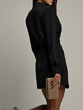 abordables mini robe noire-Femmes Mini Robe Robe en Satin Robe Chemise Robe froncée Moderne Quotidien Sortir Week-end Coupe régulière Uni manche longue Col de chemise Noir Vert foncé Marron Rose rouge Printemps Automne