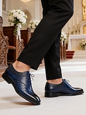 baratos Sapatos Oxford-Sapatos derby masculinos em couro azul com estampa de crocodilo – design luxuoso com fivela e acabamento premium, ideais para ocasiões formais, casamentos e uso no escritório.