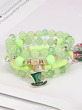 baratos Acessórios-Conjunto de pulseiras femininas para o Dia de São Patrício, pulseiras empilháveis de várias voltas com contas verdes, estilo trevo da sorte, materiais de liga metálica e cristais sintéticos, joias festivas irlandesas para mulheres.