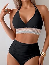 preiswerte Bikini-Sets-Damen Badeanzug Zweiteilig Freche Unterhose Bademode Gerafft Rückenfrei Urlaub Strandbekleidung Einfach Neckholder Ärmellos Badeanzüge