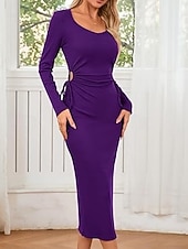 cheap Women-Women's long sleeve square neck waist pleat one side slit ribbed long dress