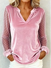 abordables Camiseta lisa-Año Nuevo Mujer Terciopelo A Lunares Elegante Vintage Manga Larga Escote en Pico Tops regulares Diario Invitado a la boda Festivos Azul Piscina Negro Rosa Vino Dorado Otoño Invierno