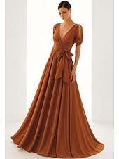 cheap A-Line Evening Dresses-A-Line Floor Length Evening Gown Ball Gown Formal Dress Elegant Silky Long Sleeve V Neck Wedding Formal Satin with Bow(s) Pleats