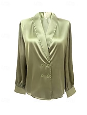 Χαμηλού Κόστους Επίσημες Μπλούζες-Γυναικεία Πουκάμισο Κομψή Σατέν Μπλούζα Μπλούζα Κουμπιά Σκέτο Στυλάτο Καθημερινό Μακρυμάνικο Λαιμόκοψη V Κανονικά μπλουζάκια Καθημερινά Αργίες Εξόδου Πράσινο του τριφυλλιού Καλοκαίρι Άνοιξη