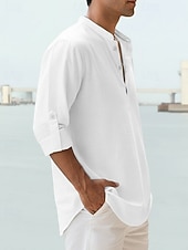 economico Camicie di lino-Per uomo Camicia Camicia di lino Camicia Estiva Camicia da Spiaggia Semplice Vacanza Camicia hawaiana Blu Nero Bianco Rosa Manica Lunga Collo alla coreana Primavera &amp; Estate Abbigliamento Base