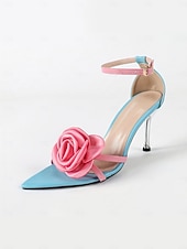 levne Svatební host-Dámské květinové sandály na jehlovém podpatku - modré &amp;růžové podpatky s růžovými růžemi, elegantní zahradní styl, ideální pro outfity svatebních hostů při venkovních obřadech