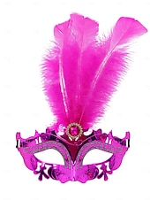 economico Accessori-Maschera in maschera veneziana rossa con piume per donne - elegante accessorio da costume intagliato al laser per il festival di Venezia Mardi Gras cosplay e feste in maschera