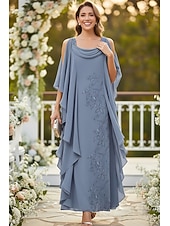 cheap Ankle Length-Sheath Column Ankle Length Party Dress Cocktail Dress Wedding Guest Dress Mother of the Bride Dress Half Sleeve Cowl Neck Elegant Simple Wedding Guest Chiffon with Tier Embroidery Cascading Ruffles