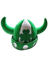 billige Tilbehør-Herrehatt i vikinghorn til St. Patricks dag – myk plysjhjelm av kløver, grønt kostymetilbehør til irske parader og fester &amp;festlige feiringer