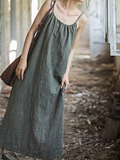 cheap Premium Linen Collection-Women's Midi Dress Cotton Linen Dresses Shift Dress Sundress Slip Dress Vintage Fashion Daily Outdoor Vacation Loose Fit Plain Sleeveless Straps Blue Teal White Yellow Summer Spring
