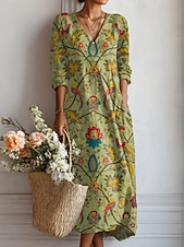 economico Abiti Boho-Abito midi da donna in lino simile traspirante leggero abito estivo A-line vacanza casual boho festa vestibilità regolare floreale grafica color block manica lunga scollo a V blu rosa marrone verde