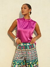 levne Umělecké a designové blůzy-saténový top bez rukávů se širokými rameny, ležérní, dovolená