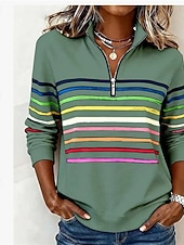 abordables Sudaderas a Rayas y Geométricas-Mujer Sudadera Retazos Estampado Cremallera de un cuarto Plano A Rayas Elegante Cálido Clásico Manga Larga Escote en Pico Tops regulares Casual Hogar Trabajo Verde Trébol Azul Oscuro Gris Otoño