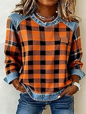 abordables Stripe&amp;Geometric Hoodies-Women's Pullover Sweatshirt Patchwork Print Plaid Color Block Plain Elegant Warm Punk Long Sleeve Round Neck Regular Tops Home Work Street Dark Yellow Light Brown Orange Spring