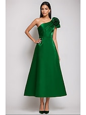 abordables Vestidos de Cocktail-A-Line Tea Length Cocktail Dresses Elegant Silky Semi Formal Sleeveless One Shoulder Garden Party Wedding Satin with Shouder Flower