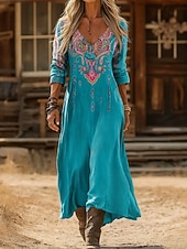 Недорогие Бохо платье-Женское макси-платье Boho Платье-обтягиватель Вечеринка Повседневное Ежедневная Встреча На выход Обычная посадка Графический Геометрический Пейсли Длинный рукав V-образный вырез Синий Черный