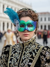 olcso kiegészítők-Női kék-zöld fényes tollas álarc a Mardi Gras-ra – Elegáns velencei karneváli jelmez kiegészítő textúrált mintával bulikhoz és bálokhoz