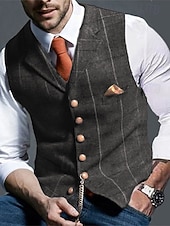  gilet da uomo in tweed, gilet, moda vintage, primavera e autunno, bottoni, misto lana, comodo, semplice, monopetto, scollo a V, vestibilità regolare, verde scuro, blu navy, grigio scuro, grigio chiaro.