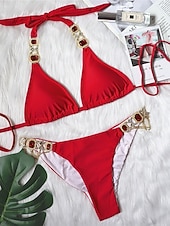 رخيصةأون أطقم البيكيني-ملابس سباحة نسائية بيكيني من قطعتين بظهر غير مغطى للنساء شاطئ العطلات مع تصميم بسيط عنق مزين وبدون أكمام