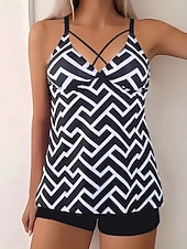 Недорогие Танкини-Тtankini для женщин 2 предмета купальник шорты контроль живота высокая талия,Slim без спины отпуск пляжная одежда полоска геометрический V-образный вырез безрукавный купальник