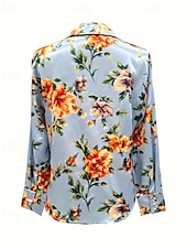 رخيصةأون بلوزات رسمية-نسائي قميص أنيقة بلوزة من الساتان قمم الصيف مكشكش بقع طباعة ورد الرسم سهل أنيق عتيق سيدات كم طويل قبعة القميص قمصان عادية مناسب للبس اليومي عمل مناسب للعطلات أزرق الصيف الربيع