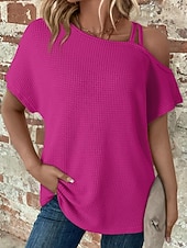 abordables Camiseta lisa-Mujer Camiseta Color sólido Vintage Elegante Manga Corta Cuello asimétrico Tops regulares Diario Noche Fin de semana Negro Blanco Rosa Caqui Verano Primavera