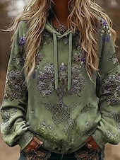 זול הודיות פרחוניות-מעיל הודי וינטאג' בוהו לנשים מדפסת תלת ממד פאטצ'וורק מעיל סוודר פרחוני סוודר פולאובר סוודר אוברסייז חם ספורטיבי קפוצ'ון יומיומי פאטצ'וורק שחור לבן צהוב ורוד כהה אביב סתיו חורף