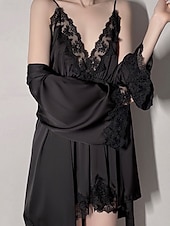 abordables Combinaisons pour femmes-Femmes Robe Chemise de Nuit Ensemble Pyjama Occasionnel Doux Satin Couleur Unie Dentelle Robes Quotidien Maison Lit manche longue Bretelles Noir Blanche Rose Claire Vin Marron Été Coupe régulière