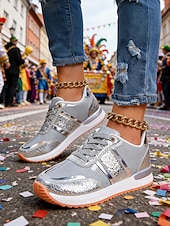 levne Dámská obuv-Zlaté metalické glitrové tenisky pro ženy Mardi Gras lehké karnevalové módní boty pro festivalové oblečení každodenní nošení cestování a oslavy