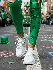  Damesko med irsk shamrock-trykk i flyknit-stil – lette, pustende tursko med polstret såle, avslappede joggesko for daglig bruk, parader, St. Patricks dag, reiser og utendørsaktiviteter