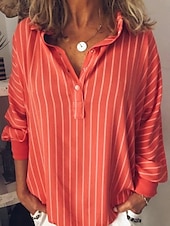 billige Enkle bluser-Dame Bluse Knapper Trykt mønster Stripet Stilfull Fritid Langermet Skjortekrage Vanlige topper Daglig Blå Gul Rød Grønn Vår Høst