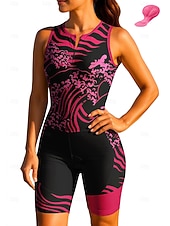 お買い得  ウィメンズトライアスロンウェア-女性用 サイクリングジャージー トライスーツ ダウンヒルジャージー ノースリーブ 夏 春 秋 ローズレッド+ブラック 幾何学模様 ライン／ウェイブ カーブ バイク サンスクリーン UV耐性 3Dパッド サイクリング 速乾性 スポーツ 衣類