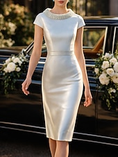 abordables Conjuntos de vestidos para mamá-Dos Piezas Funda Columna Hasta la Rodilla Vestido Invitada Boda Vestido de Madrina Correas Joya Elegante Invitado a la boda Fiesta de Boda Iglesia Satén Vestidos de chaqueta con Cinta / Lazo Lazo(s