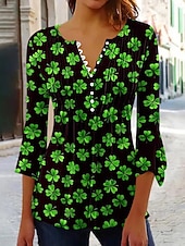cheap St Patrick's T-shirts-St. Patrick's Day Women's Blouse Graphic Shamrock Plants Elegant Stylish Classic 3/4 Length Sleeve V Neck Regular Tops Daily Going out Ruffle Buttons Black Green Summer Spring Fall