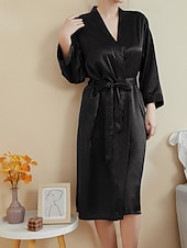 abordables Combinaisons pour femmes-Femmes Robe Occasionnel Doux Satin Couleur Unie Quotidien Maison Lit manche longue Col en V Noir Blanche Vert Claire Rose Claire bleu marine Été Printemps Coupe régulière