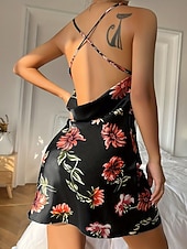 preiswerte Damen Nachtwäsche und Loungewear-Damen Freizeitkleidung Nachthemd Sexy Lässig Weich Blumen Gerafft Rückenfrei Kleid Heim Urlaub Ärmellos V Ausschnitt Schwarz Rote Grün Sommer Frühling Normale Passform