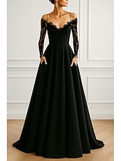 Χαμηλού Κόστους A-Line Βραδινά Φορέματα-A-Line Floor Length Evening Gown Ball Gown Formal Dress Elegant Black Dress Silky Long Sleeve Off Shoulder Wedding Formal Capes Satin Lace with Pocket