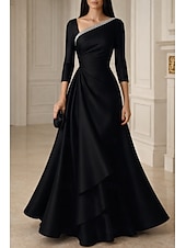 cheap A-Line Evening Dresses-A-Line Floor Length Evening Gown Ball Gown Formal Dress Elegant Tiered Plisse 3/4 Length Sleeve V Neck Wedding Formal Satin with Rhinestone Ruffles Solid Color