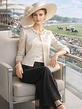 abordables Costumes-pantalons pour maman-Combinaison Tailleur-Pantalon Trois Pièces Longueur au sol Robe de Mère de Mariée  Demi Manches Col Rond Élégant Fête Formel robe demoiselle d honneur Chiffon Satin Echarpe incluse avec Perlage