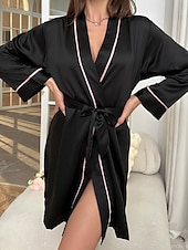 preiswerte Bademäntel für Damen-Damen Freizeitkleidung Robe Lässig Weich Satin Patchwork Schnürung Täglich Heim Bett Langarm V Ausschnitt Schwarz Champagner Rosa Rote Sommer Normale Passform