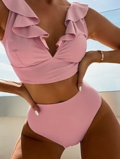 abordables Traje de baño de mujer-Mujer Bañadores 2 piezas Pícaro Traje de baño Volante Espalda al Aire Vacaciones Ropa de playa Plano Escote en Pico Sin Mangas Trajes de baño